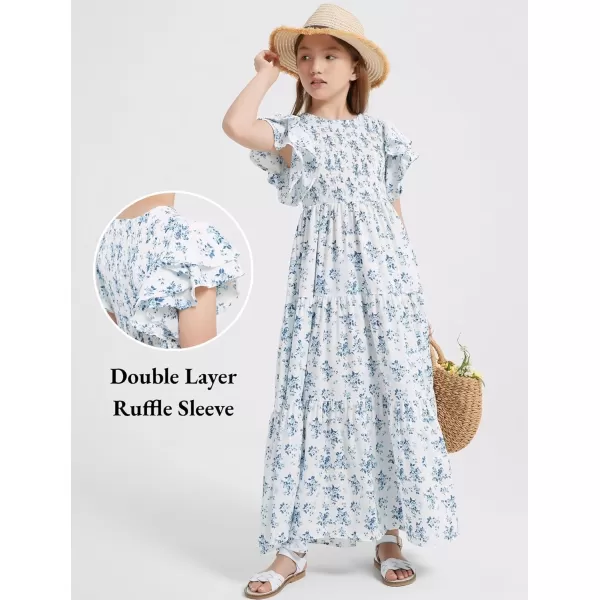 Mebius Girls Maxi Long Smocked Dresses Kids Boho Summer Flowy Ruffle Sleeve Tiered Flutter Sleeve Aline Dress 612YWhite Floral