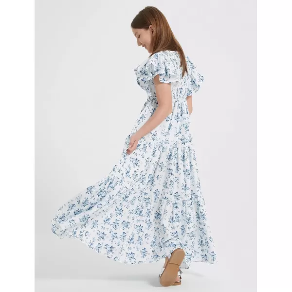 Mebius Girls Maxi Long Smocked Dresses Kids Boho Summer Flowy Ruffle Sleeve Tiered Flutter Sleeve Aline Dress 612YWhite Floral