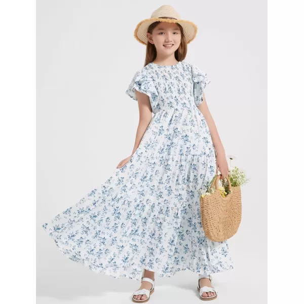 Mebius Girls Maxi Long Smocked Dresses Kids Boho Summer Flowy Ruffle Sleeve Tiered Flutter Sleeve Aline Dress 612YWhite Floral