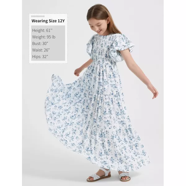 Mebius Girls Maxi Long Smocked Dresses Kids Boho Summer Flowy Ruffle Sleeve Tiered Flutter Sleeve Aline Dress 612YWhite Floral
