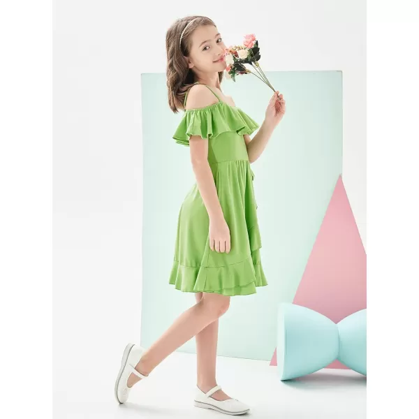 Mebius Girls Off Shoulder Dresses Flowy with Pockets Summer Ruffle Wrap Dress Casual Party Graduatoin Kids DressGreen