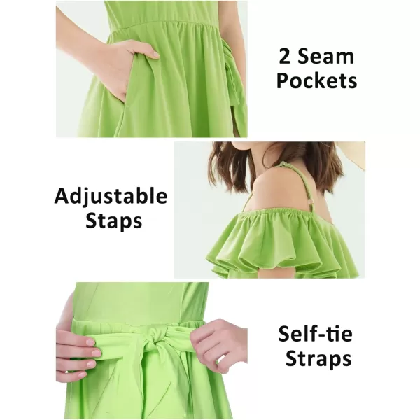Mebius Girls Off Shoulder Dresses Flowy with Pockets Summer Ruffle Wrap Dress Casual Party Graduatoin Kids DressGreen