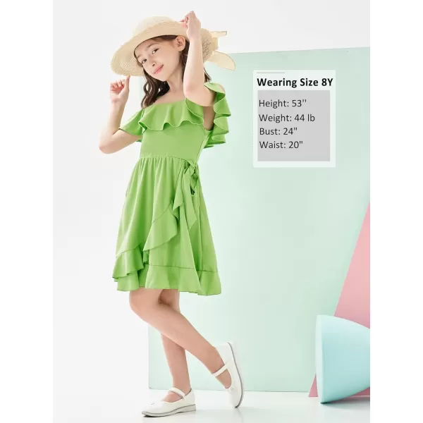 Mebius Girls Off Shoulder Dresses Flowy with Pockets Summer Ruffle Wrap Dress Casual Party Graduatoin Kids DressGreen