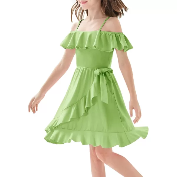 Mebius Girls Off Shoulder Dresses Flowy with Pockets Summer Ruffle Wrap Dress Casual Party Graduatoin Kids DressGreen