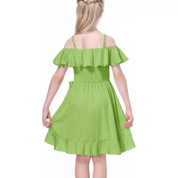 Mebius Girls Off Shoulder Dresses Flowy with Pockets Summer Ruffle Wrap Dress Casual Party Graduatoin Kids DressGreen