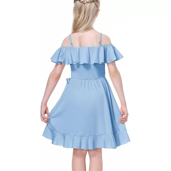 Mebius Girls Off Shoulder Dresses Flowy with Pockets Summer Ruffle Wrap Dress Casual Party Graduatoin Kids DressLight Blue