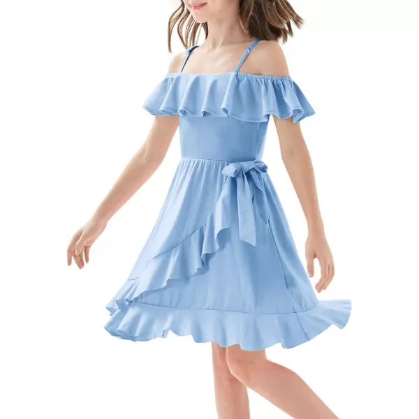 Mebius Girls Off Shoulder Dresses Flowy with Pockets Summer Ruffle Wrap Dress Casual Party Graduatoin Kids DressLight Blue