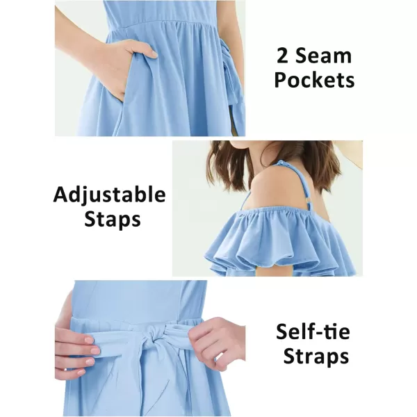 Mebius Girls Off Shoulder Dresses Flowy with Pockets Summer Ruffle Wrap Dress Casual Party Graduatoin Kids DressLight Blue