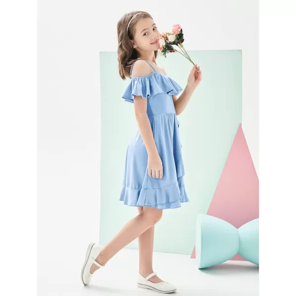 Mebius Girls Off Shoulder Dresses Flowy with Pockets Summer Ruffle Wrap Dress Casual Party Graduatoin Kids DressLight Blue