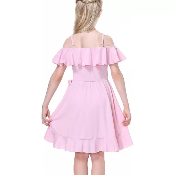 Mebius Girls Off Shoulder Dresses Flowy with Pockets Summer Ruffle Wrap Dress Casual Party Graduatoin Kids DressPink