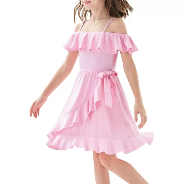 Mebius Girls Off Shoulder Dresses Flowy with Pockets Summer Ruffle Wrap Dress Casual Party Graduatoin Kids DressPink