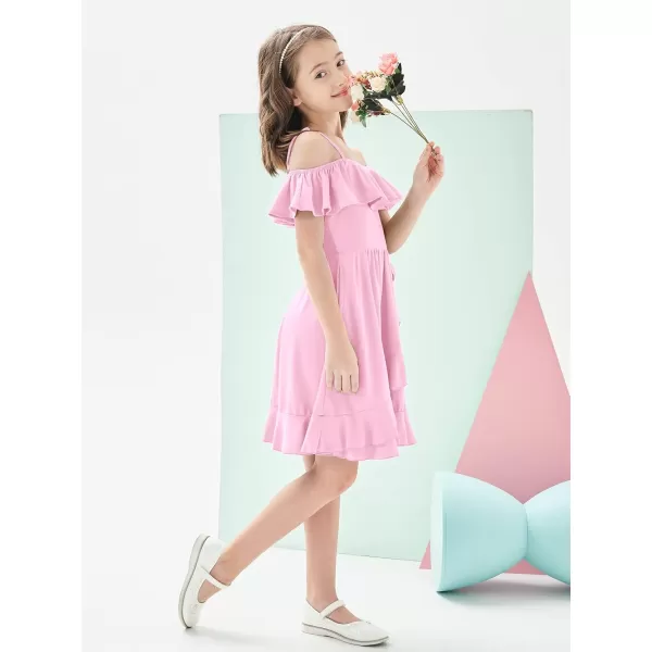 Mebius Girls Off Shoulder Dresses Flowy with Pockets Summer Ruffle Wrap Dress Casual Party Graduatoin Kids DressPink