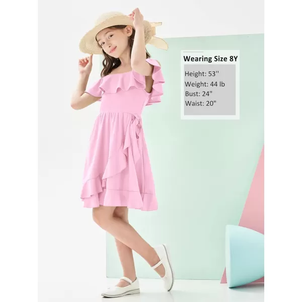 Mebius Girls Off Shoulder Dresses Flowy with Pockets Summer Ruffle Wrap Dress Casual Party Graduatoin Kids DressPink