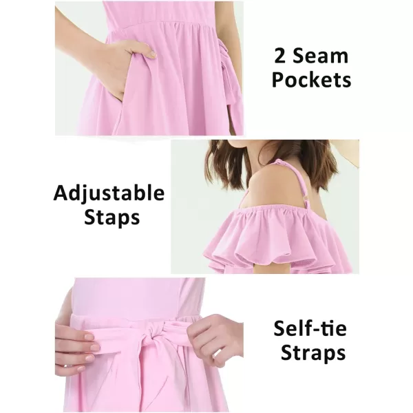 Mebius Girls Off Shoulder Dresses Flowy with Pockets Summer Ruffle Wrap Dress Casual Party Graduatoin Kids DressPink