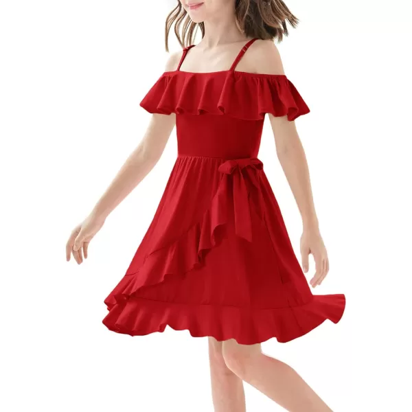 Mebius Girls Off Shoulder Dresses Flowy with Pockets Summer Ruffle Wrap Dress Casual Party Graduatoin Kids DressRed