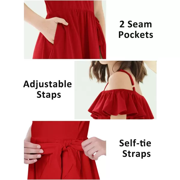 Mebius Girls Off Shoulder Dresses Flowy with Pockets Summer Ruffle Wrap Dress Casual Party Graduatoin Kids DressRed