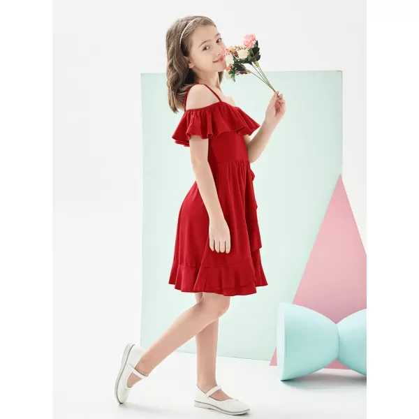 Mebius Girls Off Shoulder Dresses Flowy with Pockets Summer Ruffle Wrap Dress Casual Party Graduatoin Kids DressRed