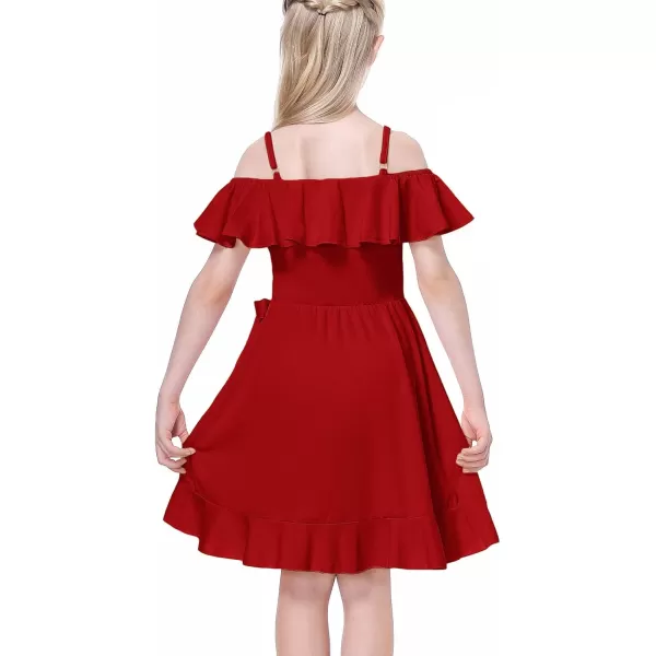 Mebius Girls Off Shoulder Dresses Flowy with Pockets Summer Ruffle Wrap Dress Casual Party Graduatoin Kids DressRed