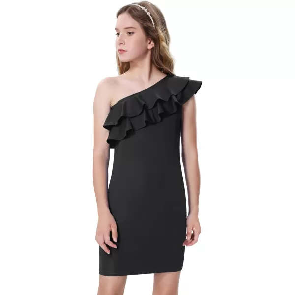 Mebius Girls One Shoulder Party Dress Bodycon Ruffle Trim Sleeve Pencil Summer Dresses for Special Occasions Birthday 814YBlack