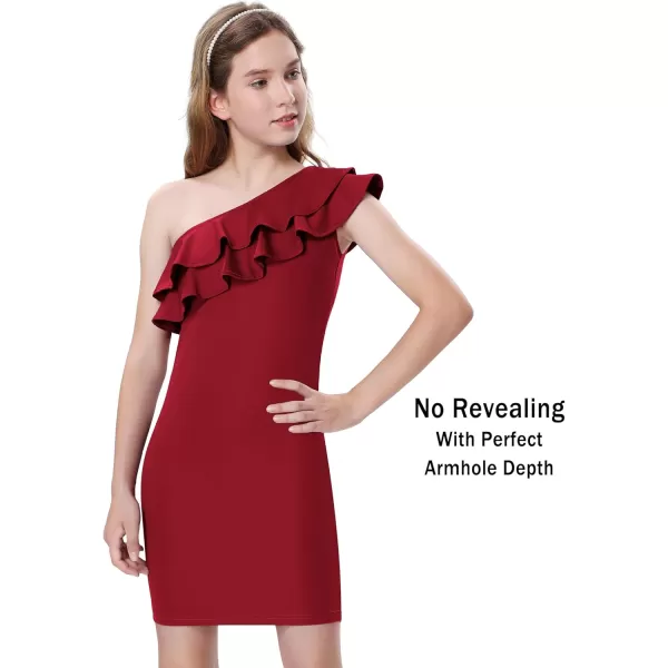 Mebius Girls One Shoulder Party Dress Bodycon Ruffle Trim Sleeve Pencil Summer Dresses for Special Occasions Birthday 814YWine Red
