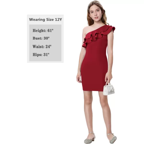 Mebius Girls One Shoulder Party Dress Bodycon Ruffle Trim Sleeve Pencil Summer Dresses for Special Occasions Birthday 814YWine Red