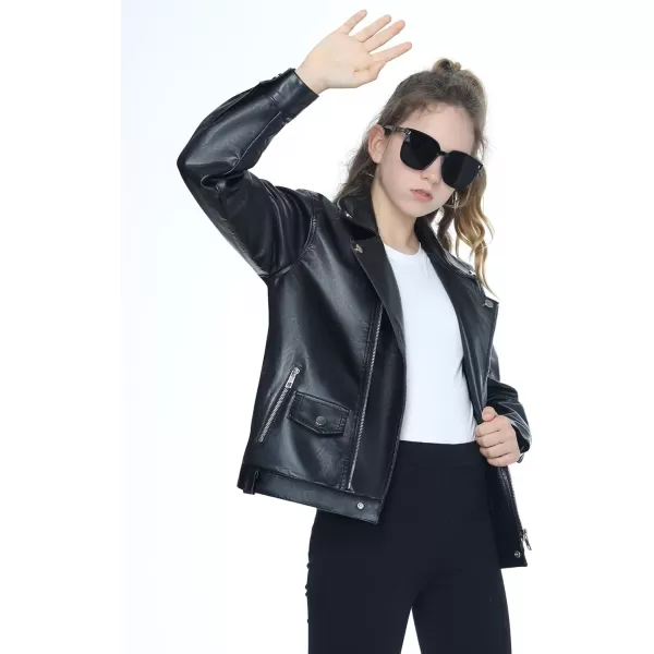 Mebius Girls Oversize Leather Jacket Kids Long Sleeve PU Faux Leather Pockets Youth Zip Up Outerwear CoatsBlacka