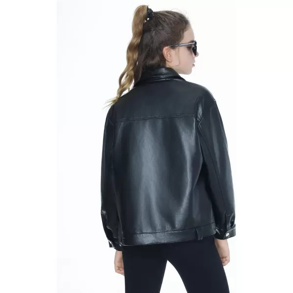 Mebius Girls Oversize Leather Jacket Kids Long Sleeve PU Faux Leather Pockets Youth Zip Up Outerwear CoatsBlacka