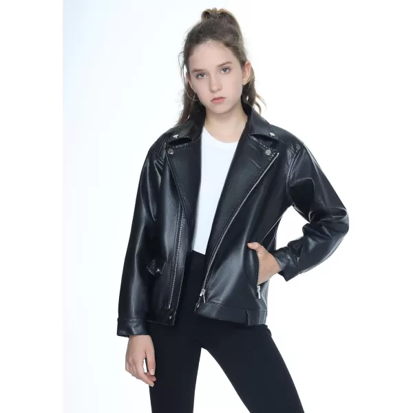 Mebius Girls Oversize Leather Jacket Kids Long Sleeve PU Faux Leather Pockets Youth Zip Up Outerwear CoatsBlacka
