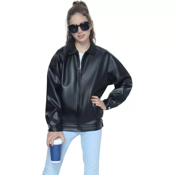 Mebius Girls Oversize Leather Jacket Kids Long Sleeve PU Faux Leather Pockets Youth Zip Up Outerwear CoatsBlackb