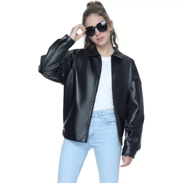 Mebius Girls Oversize Leather Jacket Kids Long Sleeve PU Faux Leather Pockets Youth Zip Up Outerwear CoatsBlackb