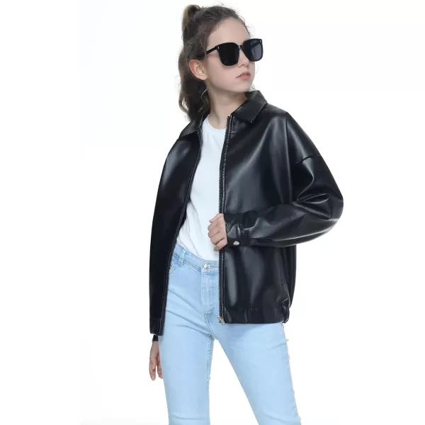 Mebius Girls Oversize Leather Jacket Kids Long Sleeve PU Faux Leather Pockets Youth Zip Up Outerwear CoatsBlackb
