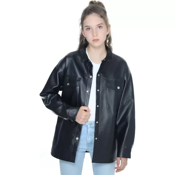 Mebius Girls Oversize Leather Jacket Kids Long Sleeve PU Faux Leather Pockets Youth Zip Up Outerwear CoatsBlackc