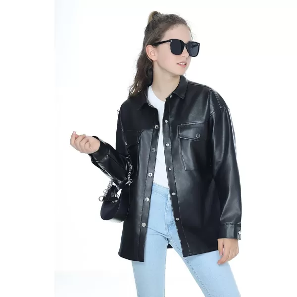 Mebius Girls Oversize Leather Jacket Kids Long Sleeve PU Faux Leather Pockets Youth Zip Up Outerwear CoatsBlackc
