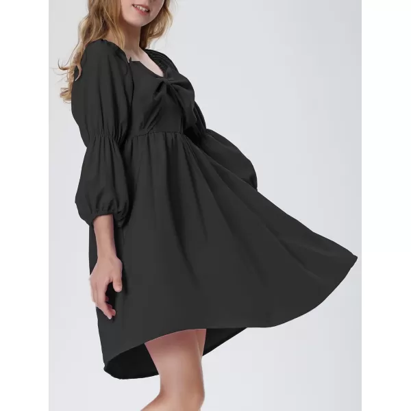 Mebius Girls Puff Long Sleeve Dresses Bow Front Smocked Square Neck Wedding Aline Casual Elegant Party Dress 612YBlack