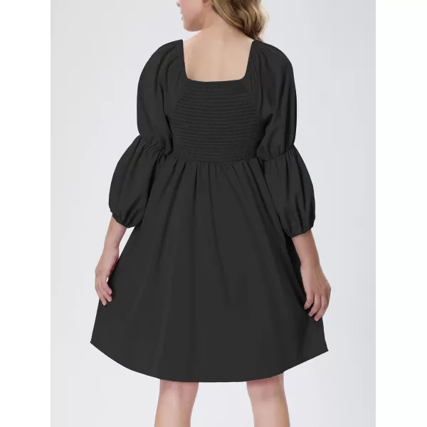 Mebius Girls Puff Long Sleeve Dresses Bow Front Smocked Square Neck Wedding Aline Casual Elegant Party Dress 612YBlack