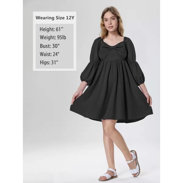 Mebius Girls Puff Long Sleeve Dresses Bow Front Smocked Square Neck Wedding Aline Casual Elegant Party Dress 612YBlack