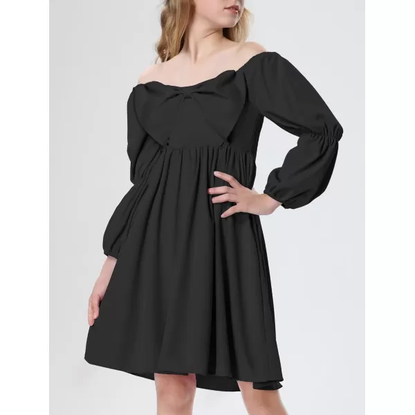 Mebius Girls Puff Long Sleeve Dresses Bow Front Smocked Square Neck Wedding Aline Casual Elegant Party Dress 612YBlack