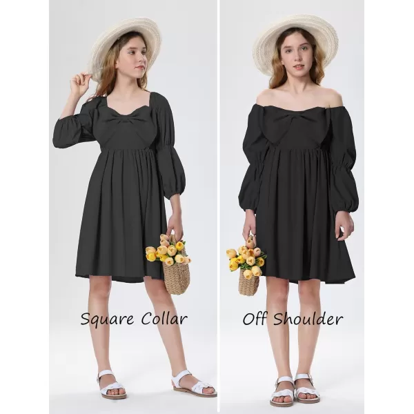 Mebius Girls Puff Long Sleeve Dresses Bow Front Smocked Square Neck Wedding Aline Casual Elegant Party Dress 612YBlack