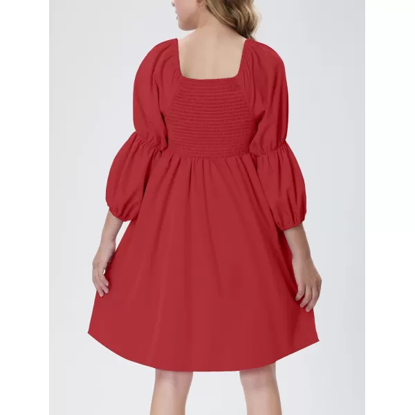 Mebius Girls Puff Long Sleeve Dresses Bow Front Smocked Square Neck Wedding Aline Casual Elegant Party Dress 612YRed