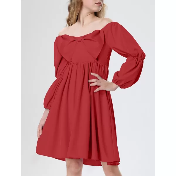 Mebius Girls Puff Long Sleeve Dresses Bow Front Smocked Square Neck Wedding Aline Casual Elegant Party Dress 612YRed