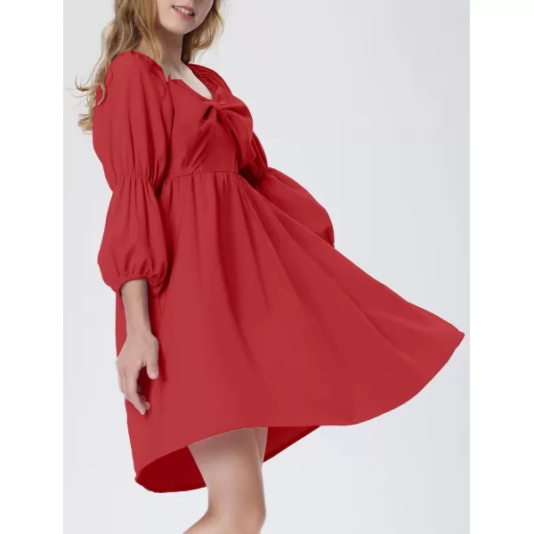 Mebius Girls Puff Long Sleeve Dresses Bow Front Smocked Square Neck Wedding Aline Casual Elegant Party Dress 612YRed