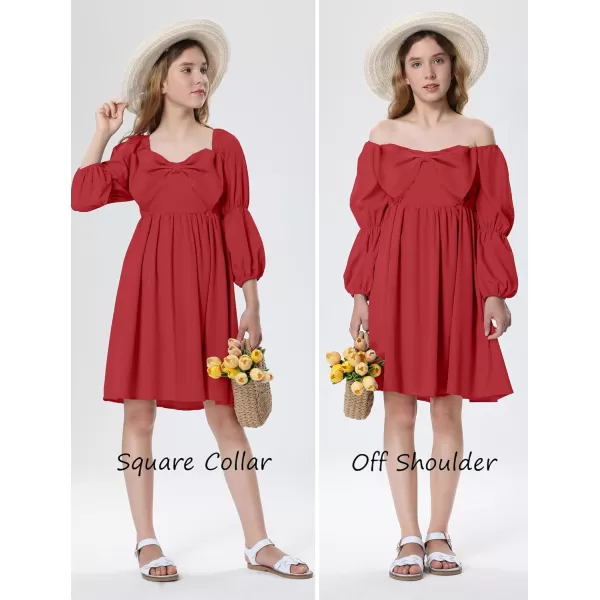 Mebius Girls Puff Long Sleeve Dresses Bow Front Smocked Square Neck Wedding Aline Casual Elegant Party Dress 612YRed