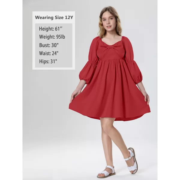 Mebius Girls Puff Long Sleeve Dresses Bow Front Smocked Square Neck Wedding Aline Casual Elegant Party Dress 612YRed