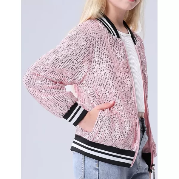 Mebius Girls Sequin Bomber Jacket with Pockets Zipper Long Sleeve Lightweight Sparkle Jackets for Kid 612YPink