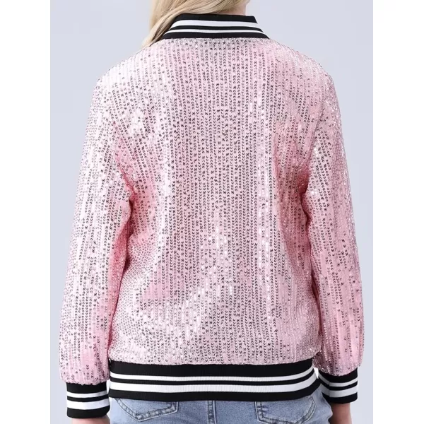 Mebius Girls Sequin Bomber Jacket with Pockets Zipper Long Sleeve Lightweight Sparkle Jackets for Kid 612YPink