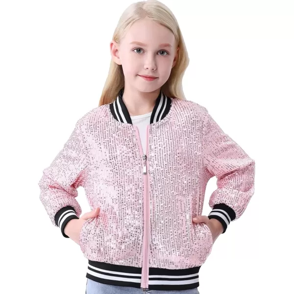 Mebius Girls Sequin Bomber Jacket with Pockets Zipper Long Sleeve Lightweight Sparkle Jackets for Kid 612YPink