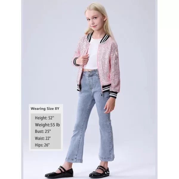 Mebius Girls Sequin Bomber Jacket with Pockets Zipper Long Sleeve Lightweight Sparkle Jackets for Kid 612YPink