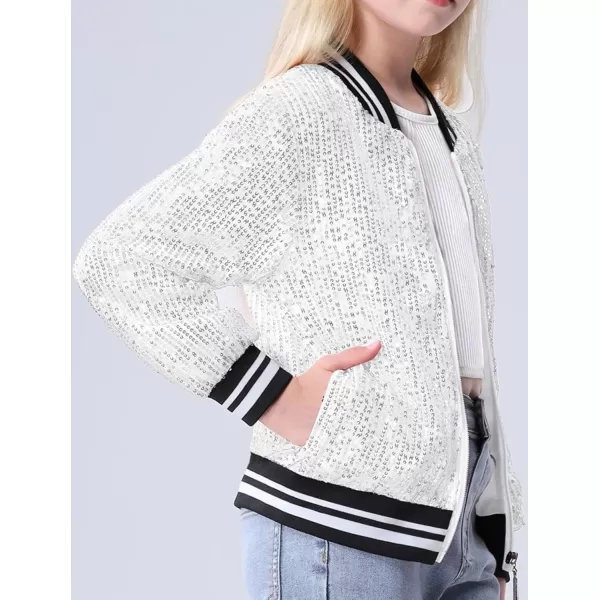 Mebius Girls Sequin Bomber Jacket with Pockets Zipper Long Sleeve Lightweight Sparkle Jackets for Kid 612YSilver