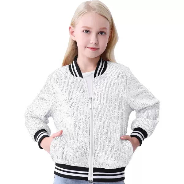 Mebius Girls Sequin Bomber Jacket with Pockets Zipper Long Sleeve Lightweight Sparkle Jackets for Kid 612YSilver