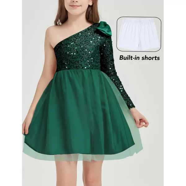 Mebius Girls Sequin Tutu Tulle Dress One Shoulder Party Sparkly Fancy Kids Special Occasion Sparkle Birthday BowGreen